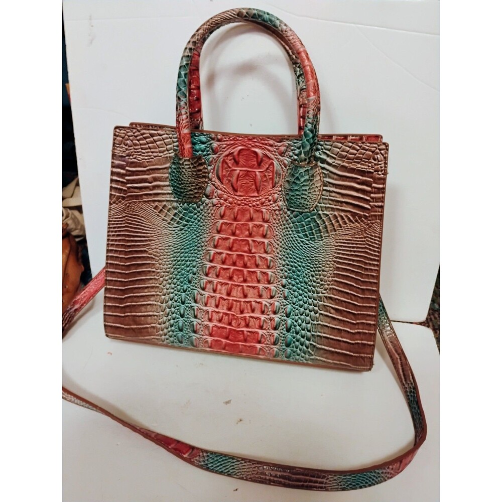 Brahmin Moira Tote Bag Ombre Crocodile Embossed Leather Handbag Teal Brown Red